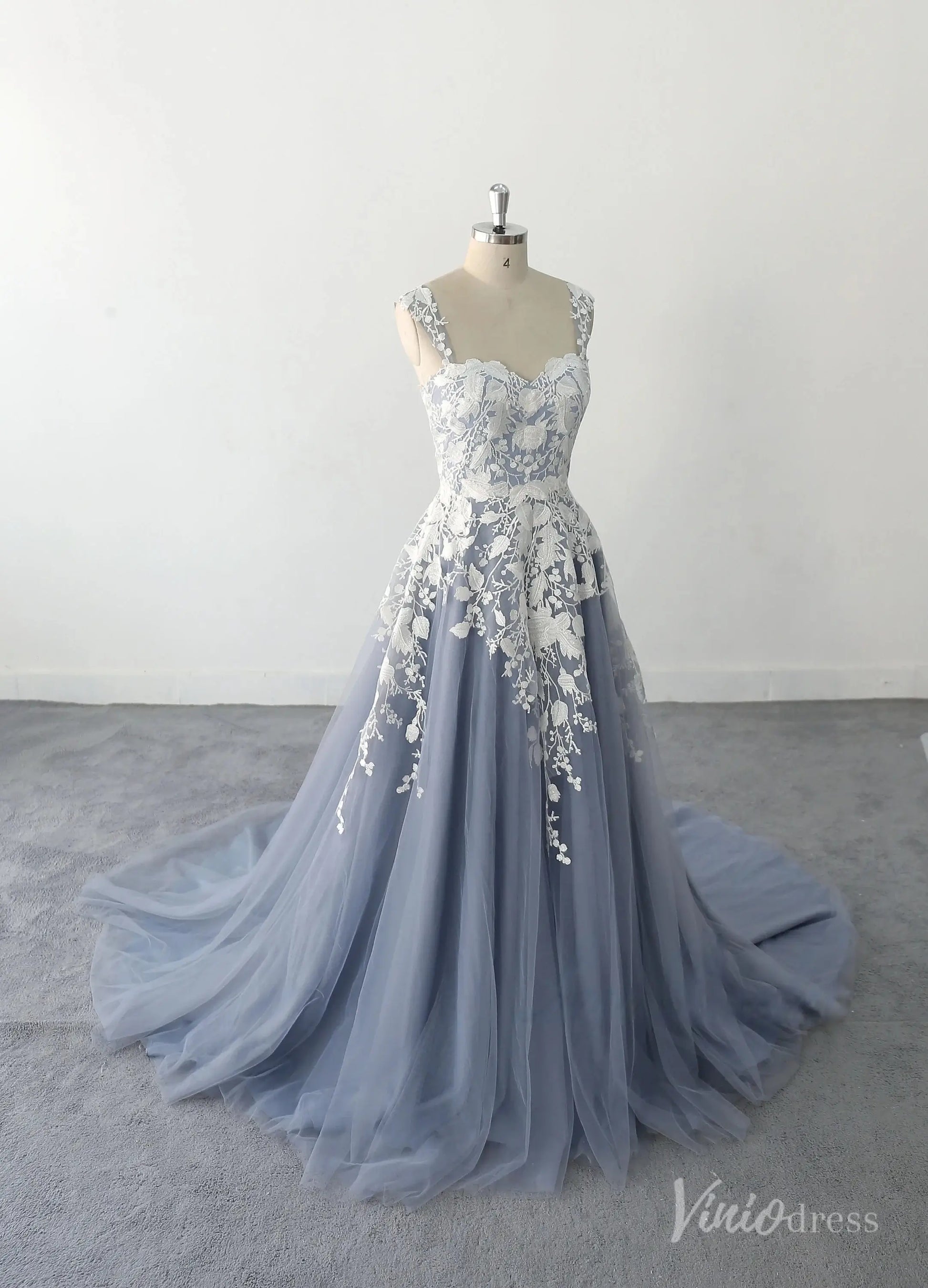 Ethereal Dusty Blue Floral Lace Wedding Dress with Wide Straps & Chapel  Train  FW233  Viniodress
