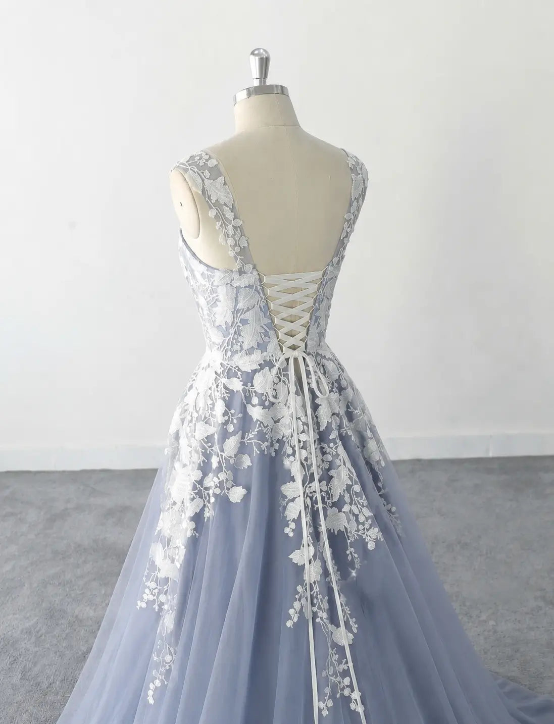 Ethereal Dusty Blue Floral Lace Wedding Dress with Wide Straps & Chapel Train FW233 Viniodress Ethereal Dusty Blue Floral Lace Wedding Dress with Wide Straps & Chapel Train FW233 Viniodress