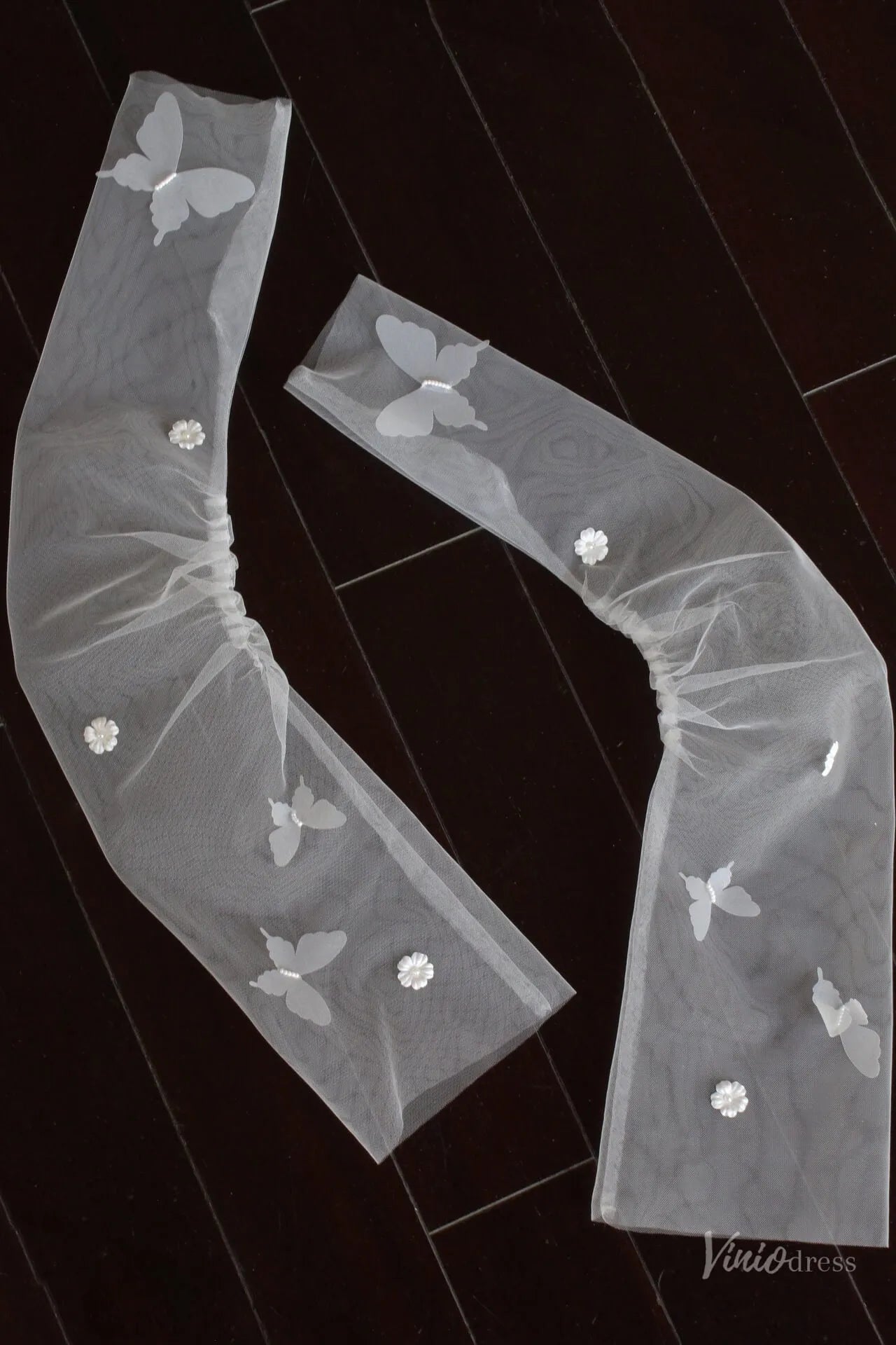 Ethereal Fingerless Sheer Tulle Bridal Gloves with Butterfly & Flowers WG171-Bridal Gloves 2026-Viniodress-Ivory-