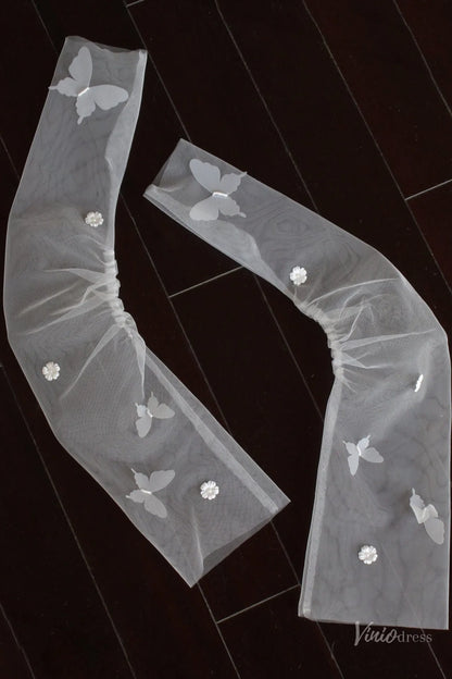 Ethereal Fingerless Sheer Tulle Bridal Gloves with Butterfly & Flowers WG171-Bridal Gloves 2026-Viniodress-Ivory-