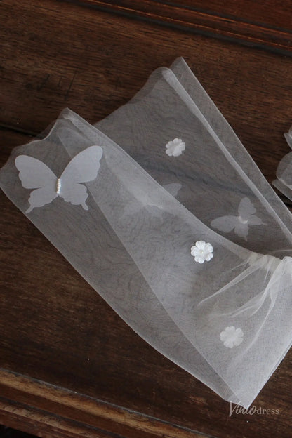 Ethereal Fingerless Sheer Tulle Bridal Gloves with Butterfly & Flowers WG171-Bridal Gloves 2026-Viniodress-Ivory-