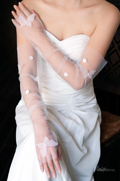 Ethereal Fingerless Sheer Tulle Bridal Gloves with Butterfly & Flowers WG171-Bridal Gloves 2026-Viniodress-Ivory-