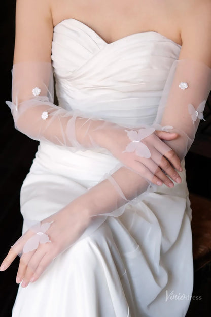 Ethereal Fingerless Sheer Tulle Bridal Gloves with Butterfly & Flowers WG171-Bridal Gloves 2026-Viniodress-Ivory-