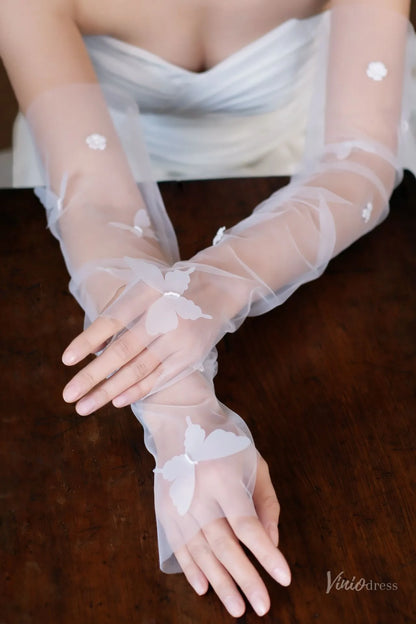 Ethereal Fingerless Sheer Tulle Bridal Gloves with Butterfly & Flowers WG171-Bridal Gloves 2026-Viniodress-Ivory-
