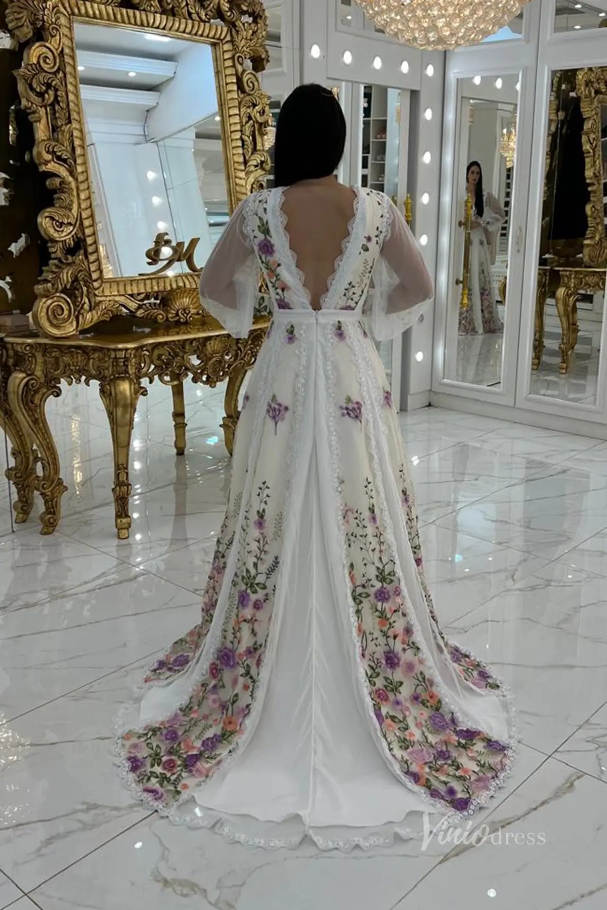Ethereal Floral Embroidered A-Line Wedding Dress with Long Sleeve, Deep V-Neck & Lace Trim – FW254-wedding dresses 2025 -Viniodress-Champagne-Custom Size-