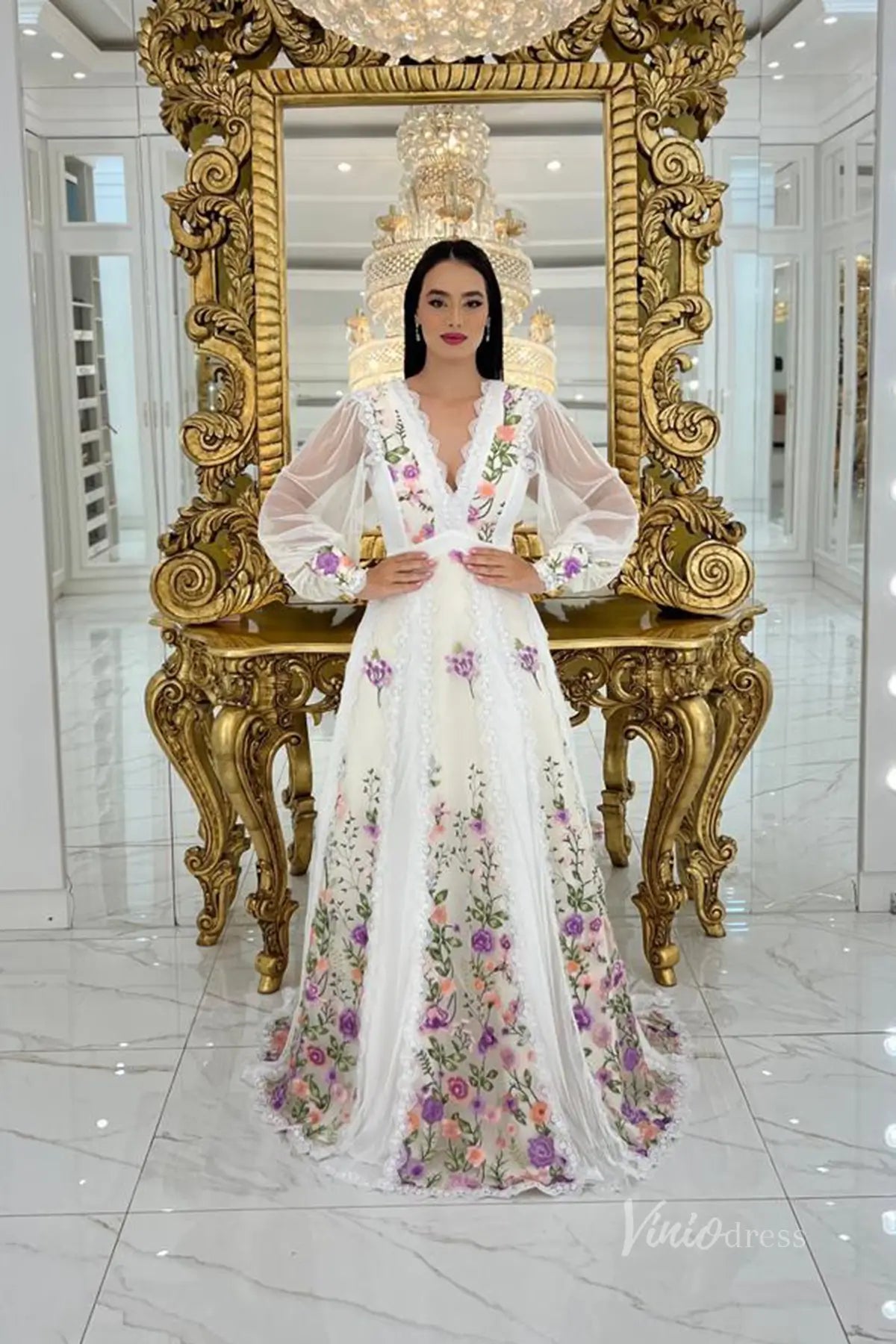 Ethereal Floral Embroidered A-Line Wedding Dress with Long Sleeve, Deep V-Neck & Lace Trim – FW254-wedding dresses 2025 -Viniodress-Champagne-Custom Size-