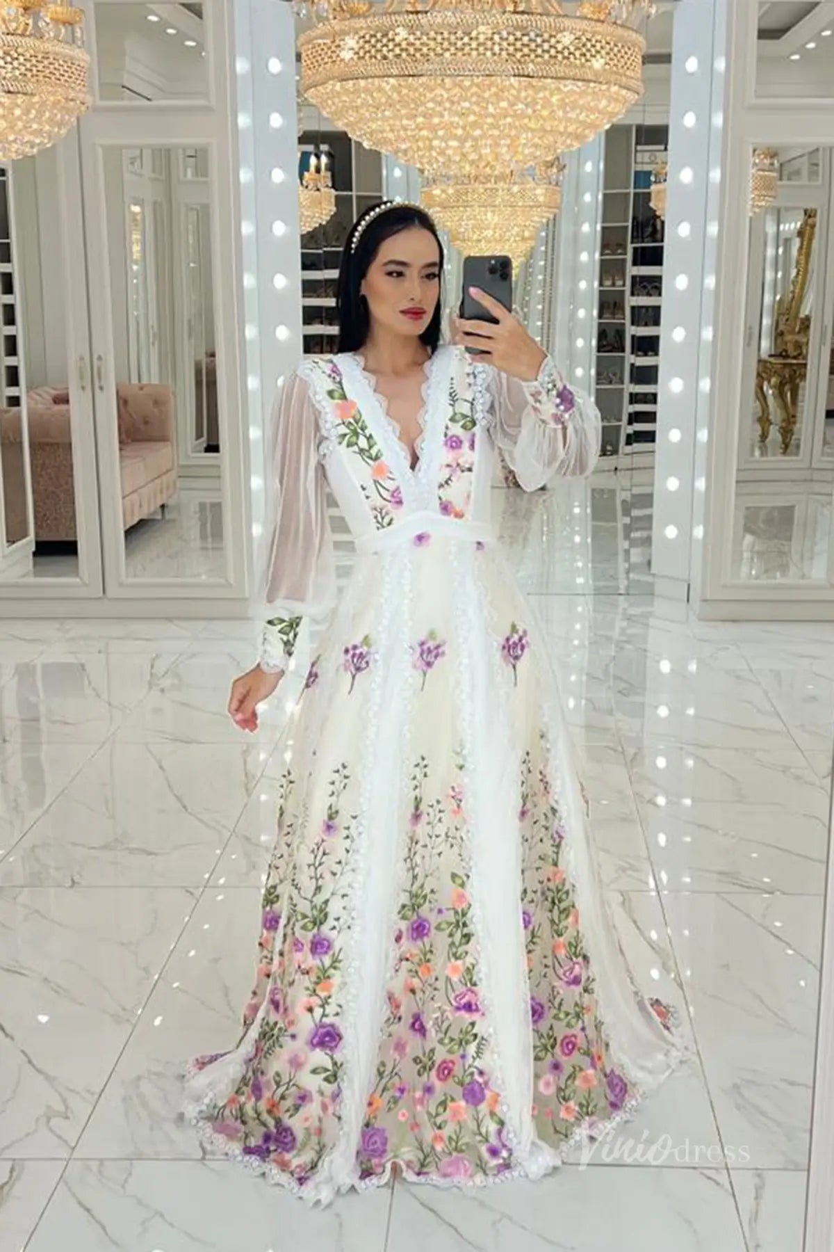 Ethereal Floral Embroidered A-Line Wedding Dress with Long Sleeve, Deep V-Neck & Lace Trim – FW254-wedding dresses 2025 -Viniodress-Champagne-Custom Size-