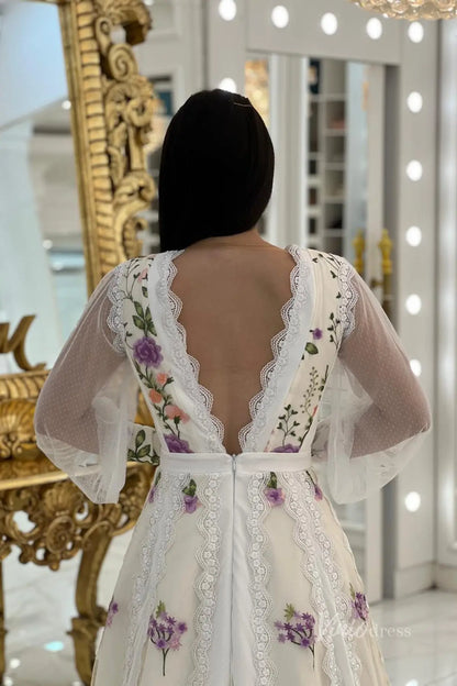 Ethereal Floral Embroidered A-Line Wedding Dress with Long Sleeve, Deep V-Neck & Lace Trim – FW254-wedding dresses 2025 -Viniodress-Champagne-Custom Size-