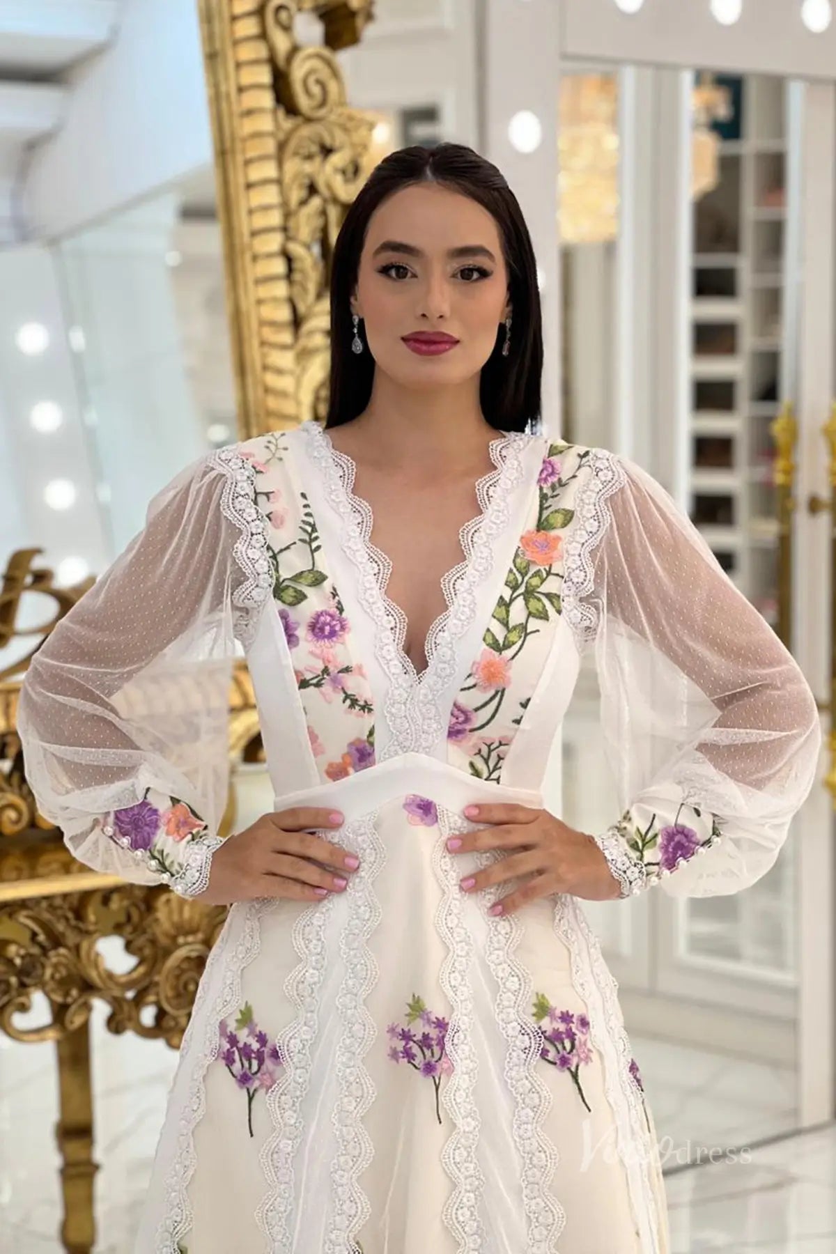 Ethereal Floral Embroidered A-Line Wedding Dress with Long Sleeve, Deep V-Neck & Lace Trim – FW254-wedding dresses 2025 -Viniodress-Champagne-Custom Size-