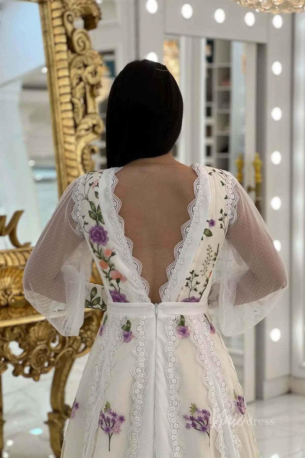 Ethereal Floral Embroidered A-Line Wedding Dress with Long Sleeve, Deep V-Neck & Lace Trim – FW254-wedding dresses 2025 -Viniodress-Champagne-Custom Size-