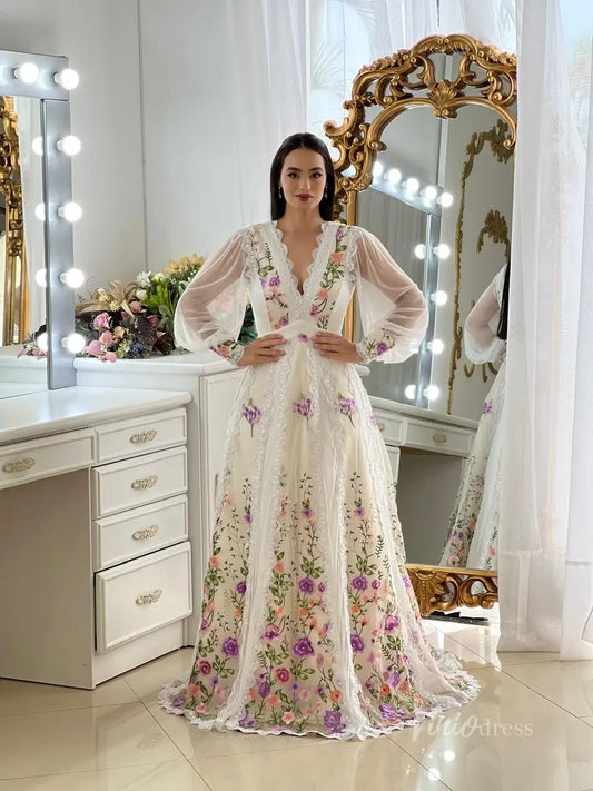 Ethereal Floral Embroidered A-Line Wedding Dress with Long Sleeve, Deep V-Neck & Lace Trim – FW254-wedding dresses 2025 -Viniodress-Champagne-Custom Size-
