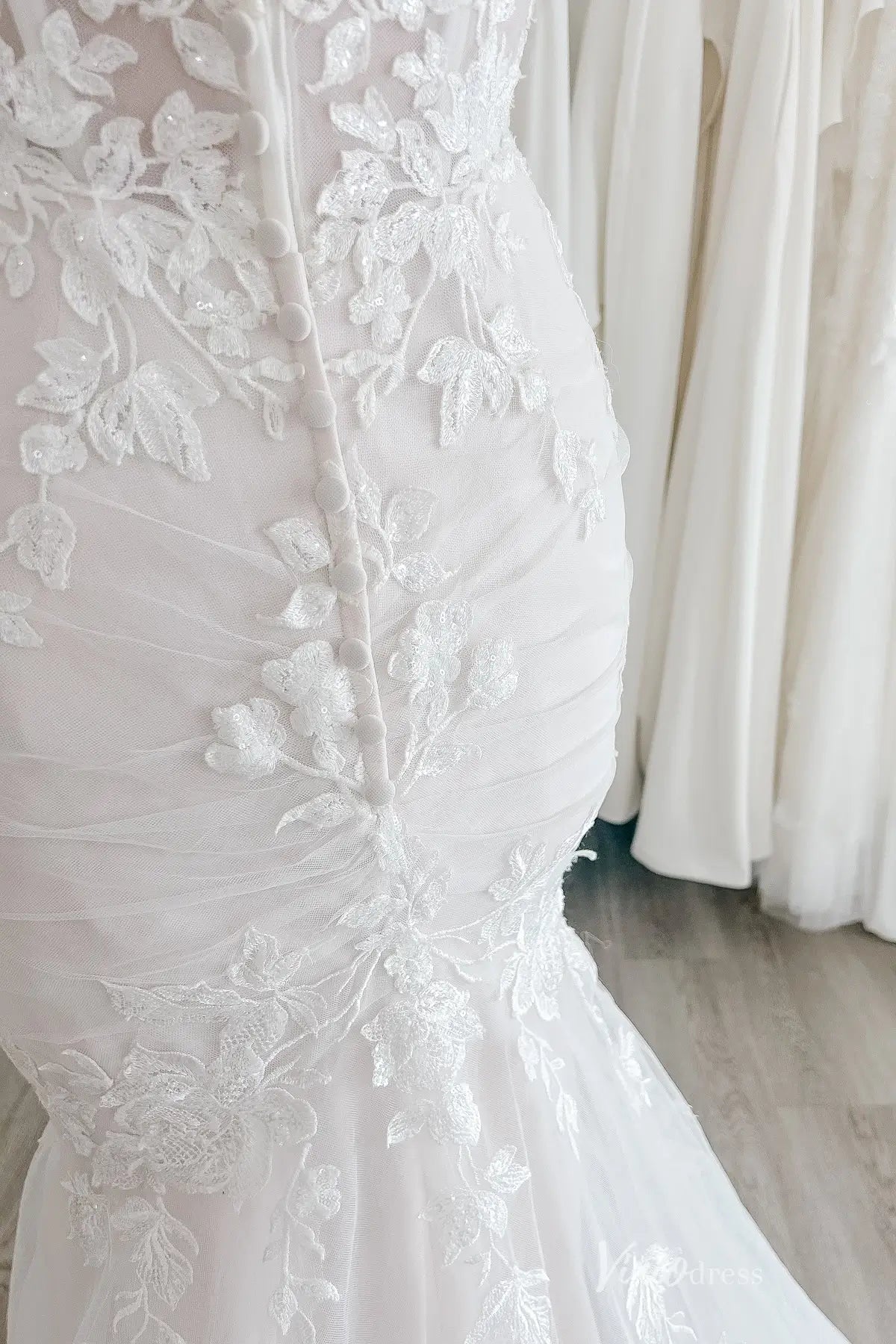 Ethereal Floral Lace Mermaid Wedding Dress with Spaghetti Straps, Deep V Neck & Chapel Train – ML168-wedding dresses 2026-Viniodress-Ivory-Custom Size-