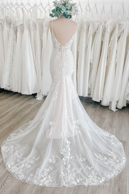 Ethereal Floral Lace Mermaid Wedding Dress with Spaghetti Straps, Deep V Neck & Chapel Train – ML168-wedding dresses 2026-Viniodress-Ivory-Custom Size-