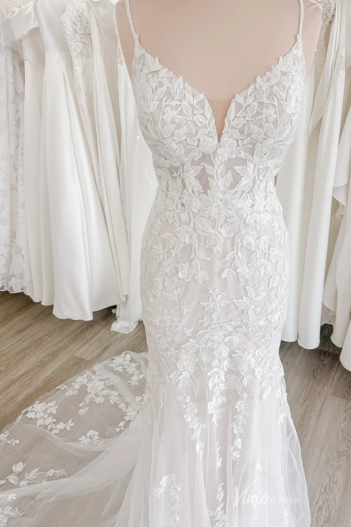 Ethereal Floral Lace Mermaid Wedding Dress with Spaghetti Straps, Deep V Neck & Chapel Train – ML168