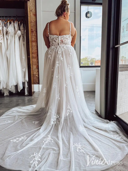 Ethereal Floral Lace Plus Size Wedding Dress with Slit, Spaghetti Straps, Chapel Train – LA121-wedding dresses 2025 -Viniodress-Ivory-Custom Size-