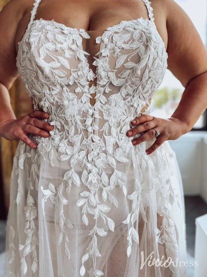 Ethereal Floral Lace Plus Size Wedding Dress with Slit, Spaghetti Straps, Chapel Train – LA121-wedding dresses 2025 -Viniodress-Ivory-Custom Size-