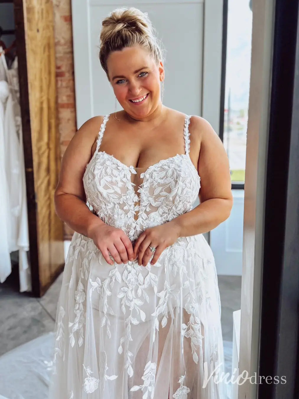 Ethereal Plus Size Lace Wedding Dress with Slit and Train LA121 Viniodress Ethereal Plus Size Lace Wedding Dress with Slit and Train LA121 Viniodress