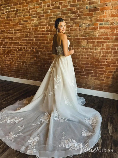 Ethereal Floral Lace Wedding Dress with Basque Waist, Strapless Corset Bodice, Chapel Train – LA112-wedding dresses 2025 -Viniodress-Ivory-Custom Size-
