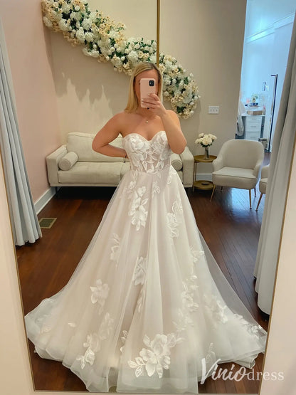 Ethereal Floral Lace Wedding Dress with Basque Waist, Strapless Corset Bodice, Chapel Train – LA112-wedding dresses 2025 -Viniodress-Ivory-Custom Size-