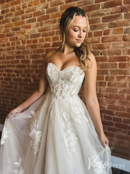Ethereal Floral Lace Wedding Dress with Basque Waist, Strapless Corset Bodice, Chapel Train – LA112-wedding dresses 2025 -Viniodress-Ivory-Custom Size-
