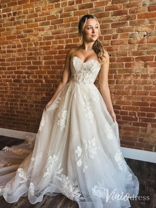 Ethereal Floral Lace Wedding Dress with Basque Waist, Strapless Corset Bodice, Chapel Train – LA112-wedding dresses 2025 -Viniodress-Ivory-Custom Size-