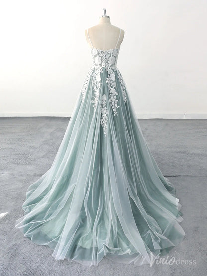 Ethereal Green Wedding Dress with Floral Lace Appliques, Sheer Corset Bodice, and Chapel Train – FW217-wedding dresses 2025 -Viniodress-Green-Custom Size-