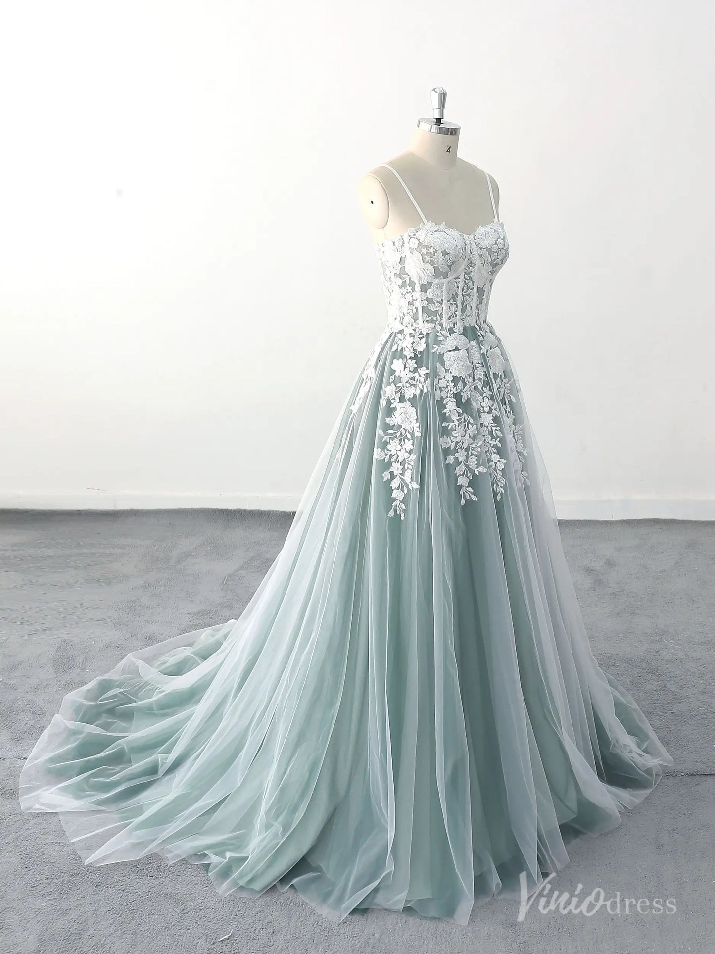 Ethereal Green Wedding Dress with Floral Lace Appliques, Sheer Corset Bodice, and Chapel Train – FW217-wedding dresses 2025 -Viniodress-Green-Custom Size-