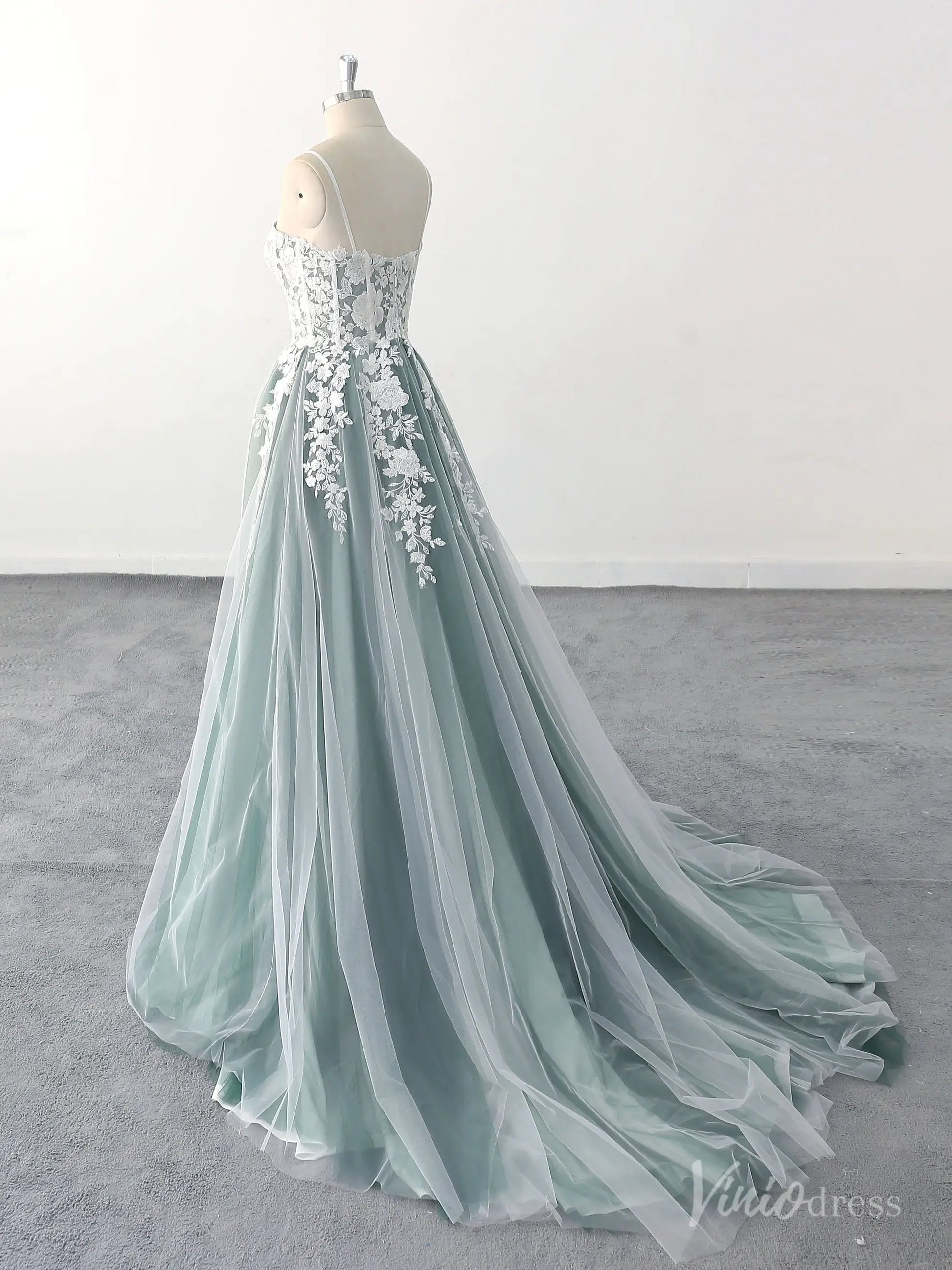 Ethereal Green Wedding Dress with Floral Lace Appliques, Sheer Corset Bodice, and Chapel Train – FW217-wedding dresses 2025 -Viniodress-Green-Custom Size-