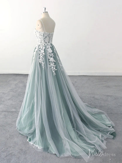 Ethereal Green Wedding Dress with Floral Lace Appliques, Sheer Corset Bodice, and Chapel Train – FW217-wedding dresses 2025 -Viniodress-Green-Custom Size-