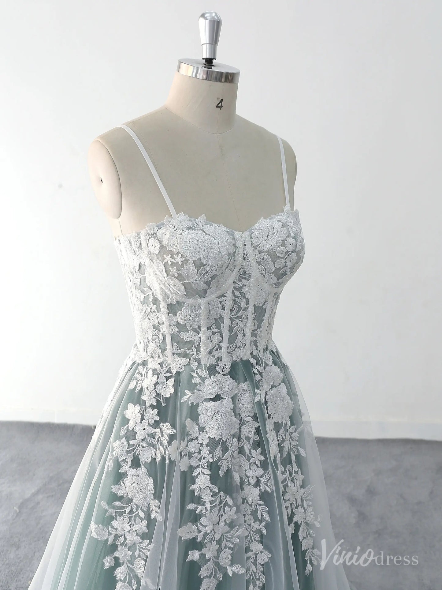 Ethereal Green Wedding Dress with Floral Lace Appliques, Sheer Corset Bodice, and Chapel Train – FW217-wedding dresses 2025 -Viniodress-Green-Custom Size-