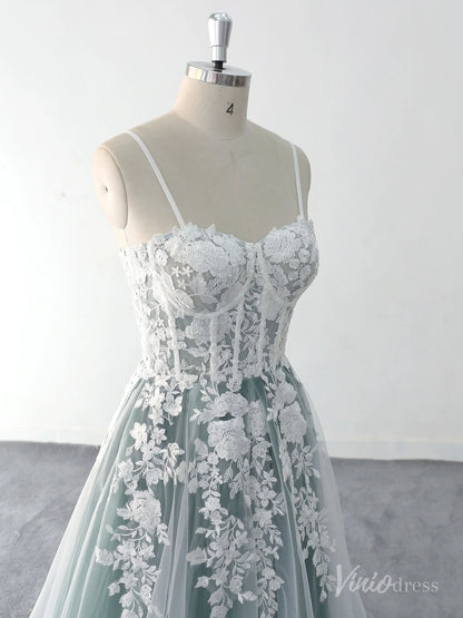 Ethereal Green Wedding Dress with Floral Lace Appliques, Sheer Corset Bodice, and Chapel Train – FW217-wedding dresses 2025 -Viniodress-Green-Custom Size-