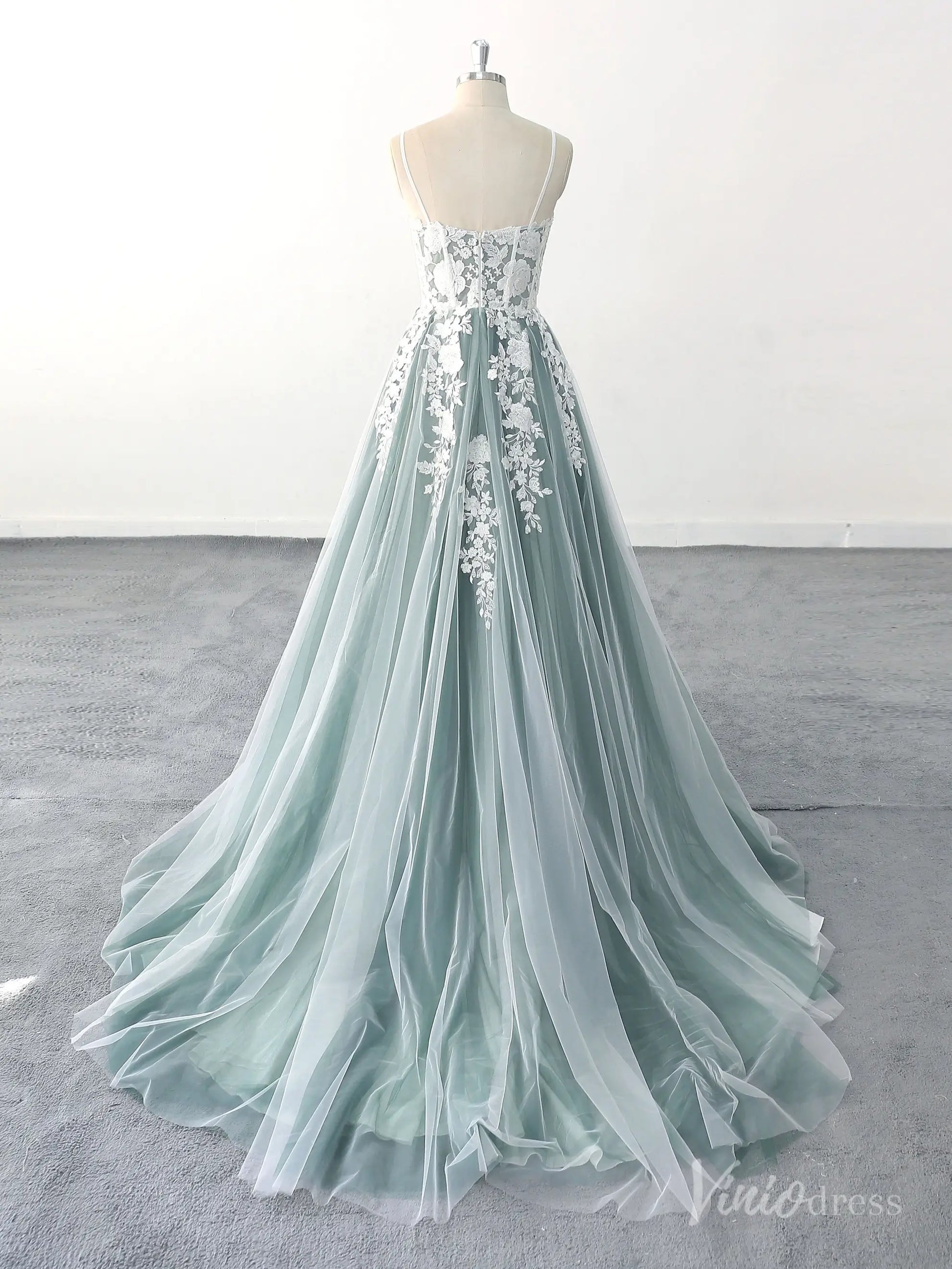 Ethereal Green Wedding Dress with Floral Lace Appliques and Sheer Corset –  FW217 – Viniodress