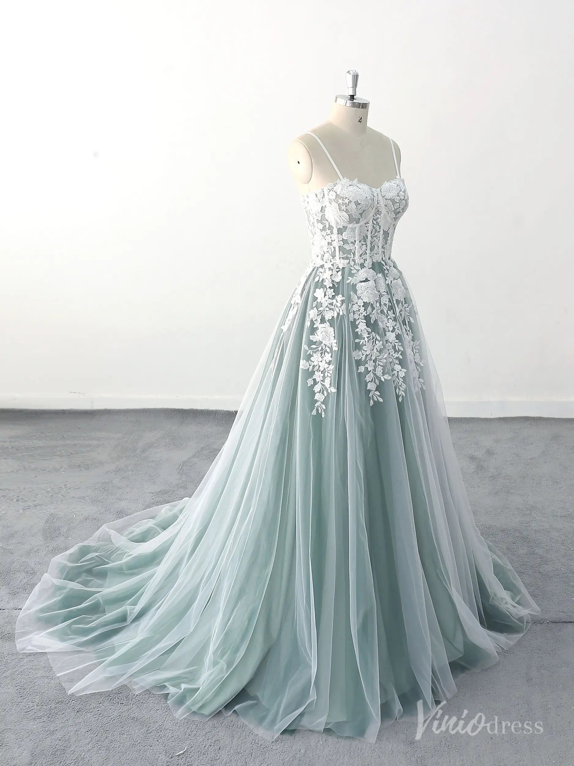 Ethereal Green Wedding Dress with Floral Lace Appliques and Sheer Corset –  FW217 – Viniodress