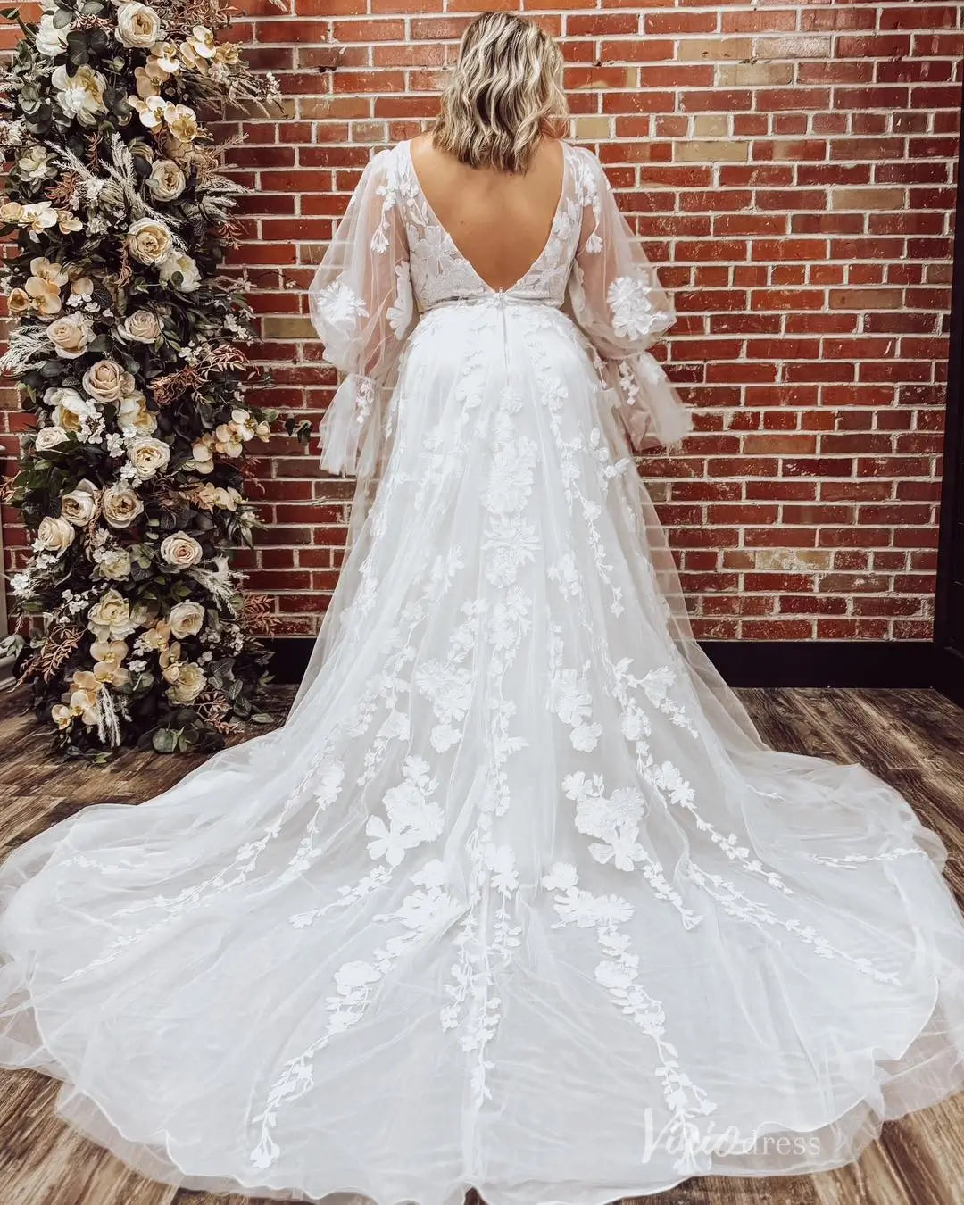 Ethereal Ivory 3D Floral Lace A-Line Wedding Dress with Deep V-Neck, Puff Sleeves & Chapel Train – LA158-wedding dresses 2026-Viniodress-Ivory-Custom Size-