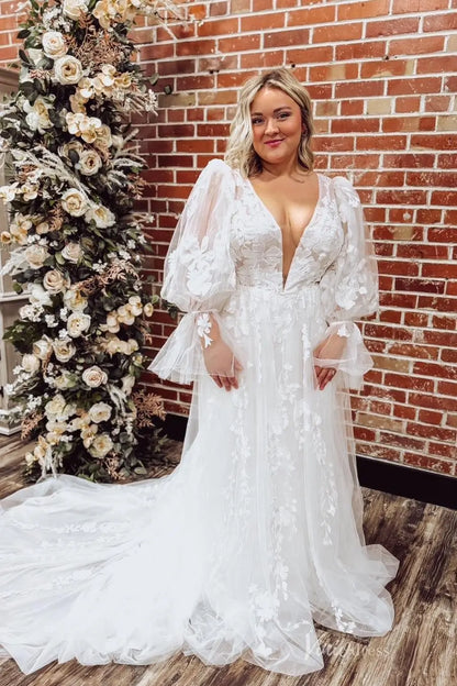 Ethereal Ivory 3D Floral Lace A-Line Wedding Dress with Deep V-Neck, Puff Sleeves & Chapel Train – LA158