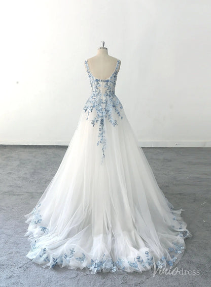 Ethereal Ivory Blue Floral Embroidered Wedding Dress with Square Neckline, Sheer Corset Bodice & Chapel Train – FW229-wedding dresses 2025 -Viniodress-Ivory-Custom Size-