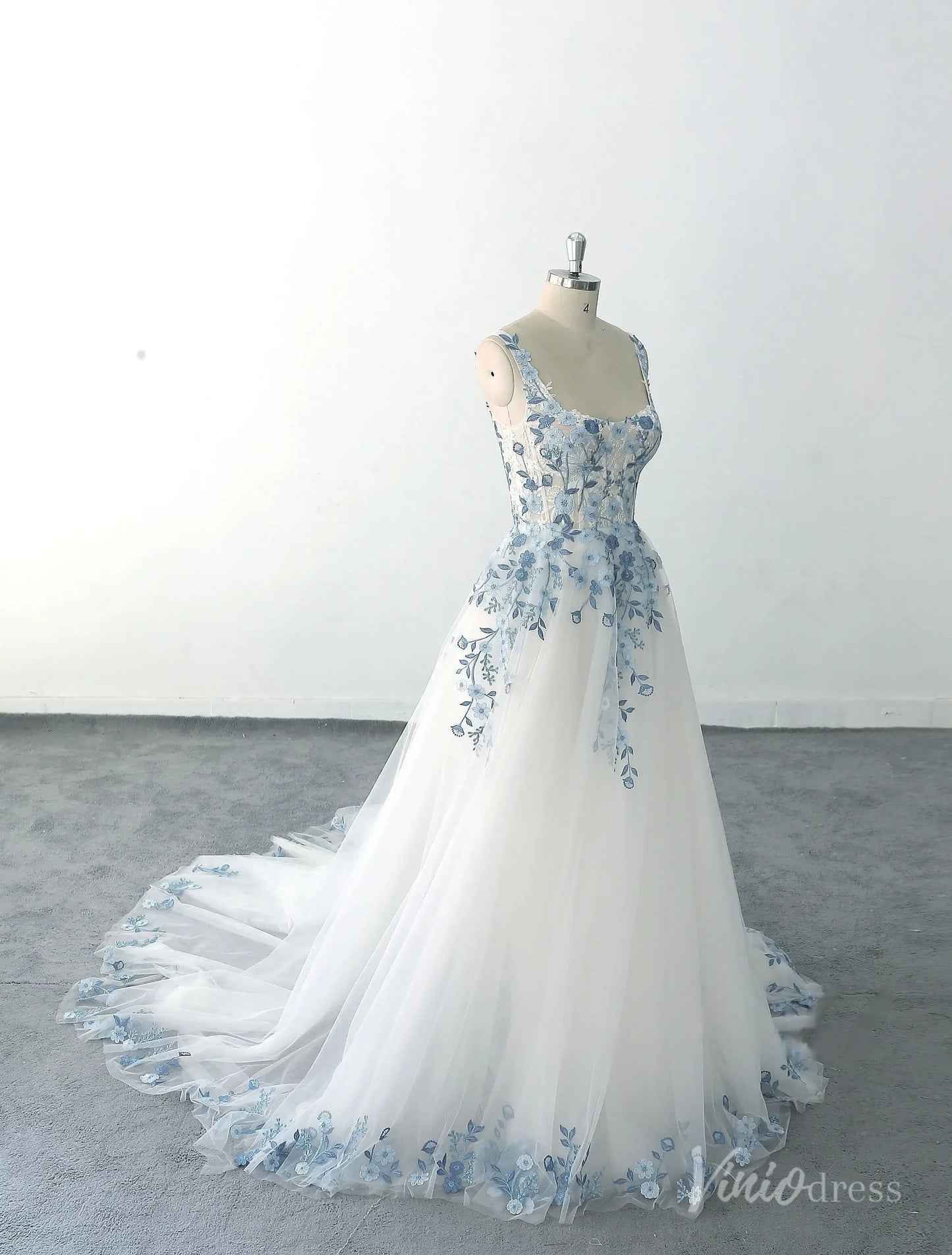 Ethereal Ivory Blue Floral Embroidered Wedding Dress with Square Neckline, Sheer Corset Bodice & Chapel Train – FW229-wedding dresses 2025 -Viniodress-Ivory-Custom Size-