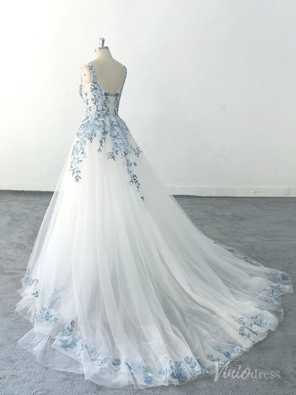 Ethereal Ivory Blue Floral Embroidered Wedding Dress with Square Neckline, Sheer Corset Bodice & Chapel Train – FW229-wedding dresses 2025 -Viniodress-Ivory-Custom Size-