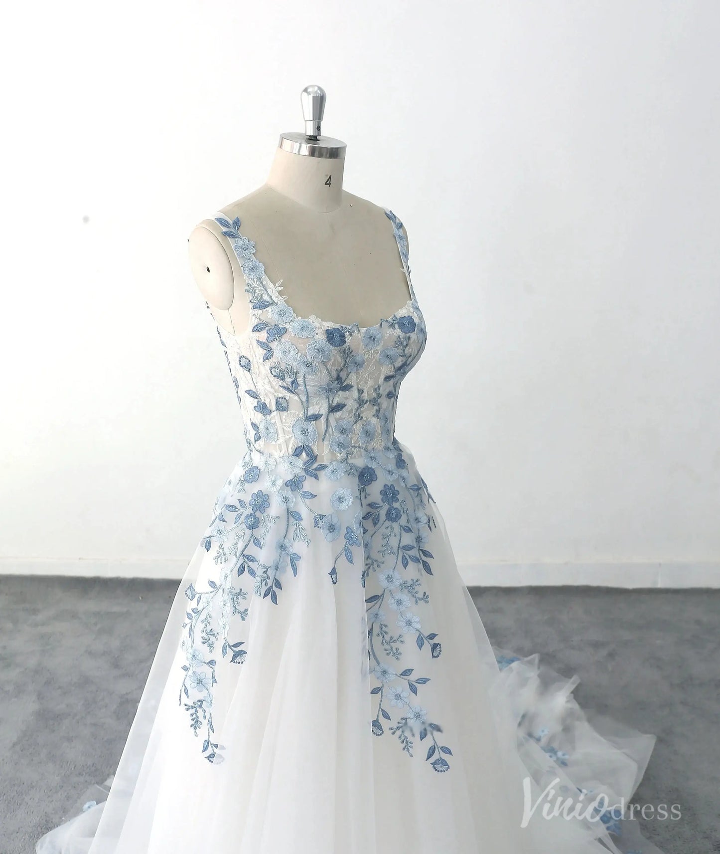 Ethereal Ivory Blue Floral Embroidered Wedding Dress with Square Neckline, Sheer Corset Bodice & Chapel Train – FW229-wedding dresses 2025 -Viniodress-Ivory-Custom Size-