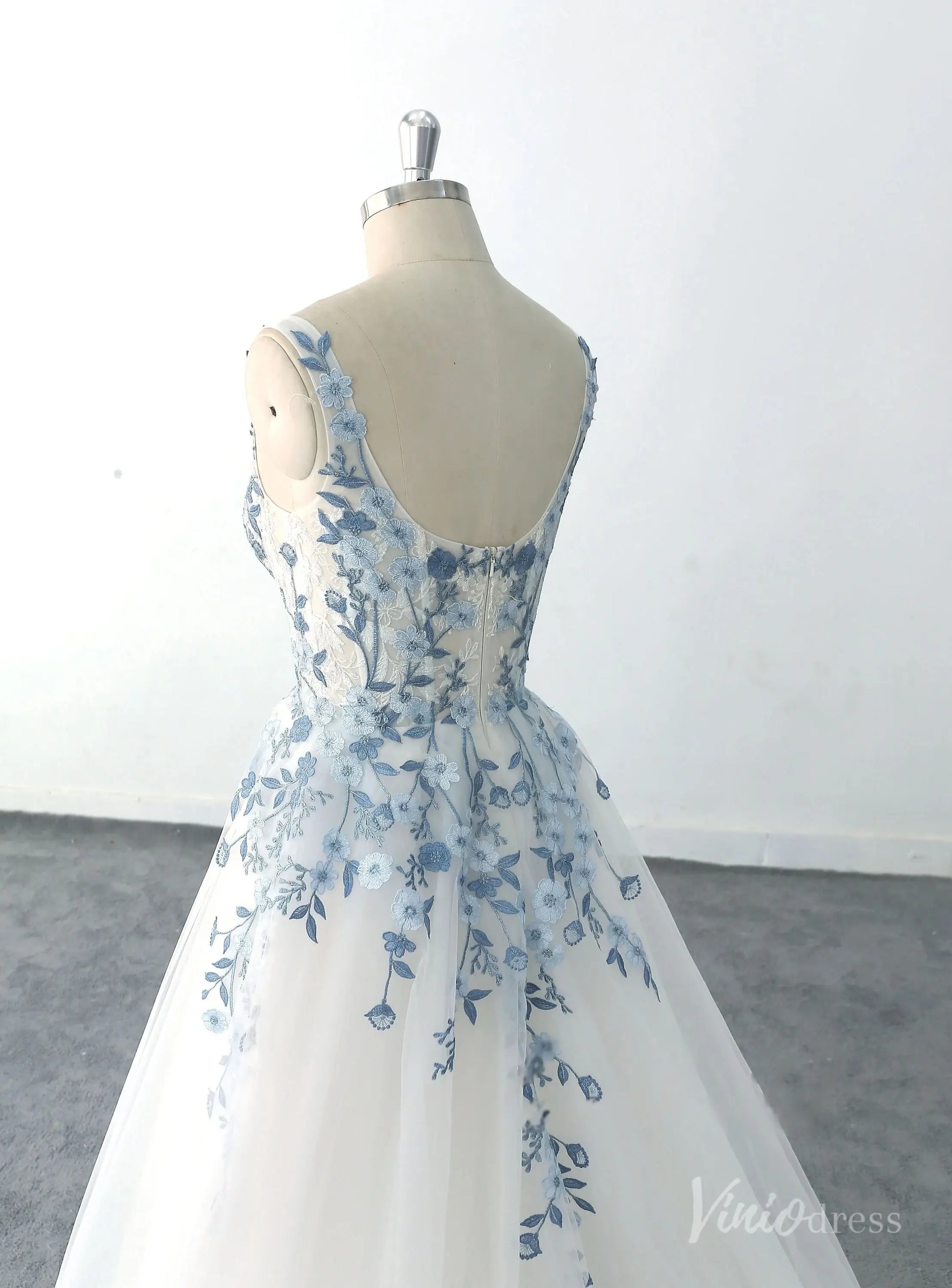 Ethereal Ivory Blue Floral Embroidered Wedding Dress with Square Neckline, Sheer Corset Bodice & Chapel Train – FW229-wedding dresses 2025 -Viniodress-Ivory-Custom Size-