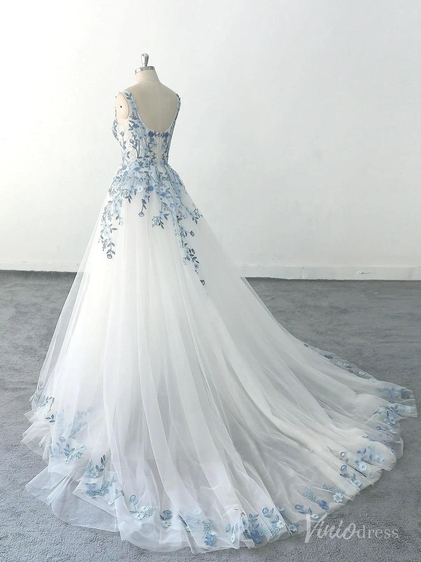 Ethereal Ivory Blue Floral Embroidered Wedding Dress with Square Neckline, Sheer Corset Bodice & Chapel Train – FW229-wedding dresses 2025 -Viniodress-Ivory-Custom Size-