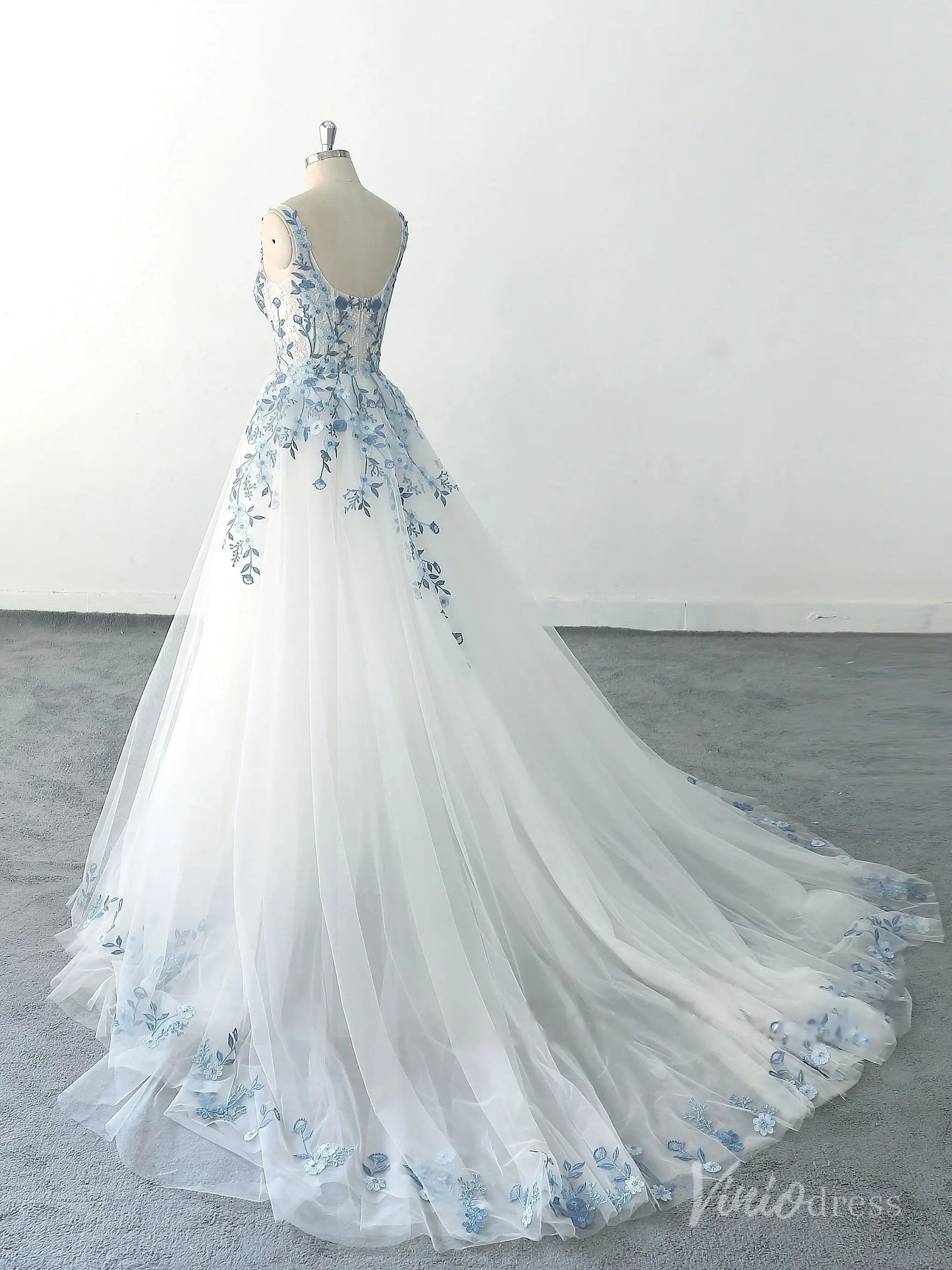 Ethereal Ivory Blue Floral Embroidered Wedding Dress with Square Neckline, Sheer Corset Bodice & Chapel Train – FW229-wedding dresses 2025 -Viniodress-Ivory-Custom Size-