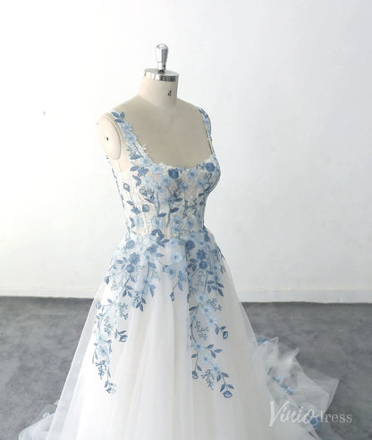 Ethereal Ivory Blue Floral Embroidered Wedding Dress with Square Neckline, Sheer Corset Bodice & Chapel Train – FW229-wedding dresses 2025 -Viniodress-Ivory-Custom Size-
