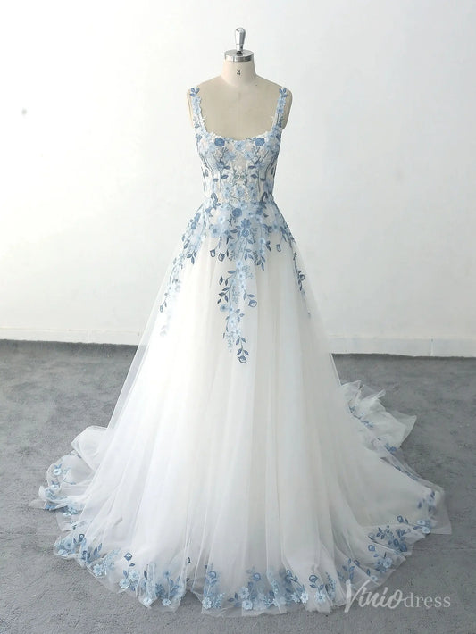 Ethereal Ivory Blue Floral Embroidered Wedding Dress with Square Neckline, Sheer Corset Bodice & Chapel Train – FW229-wedding dresses 2025 -Viniodress-Ivory-Custom Size-