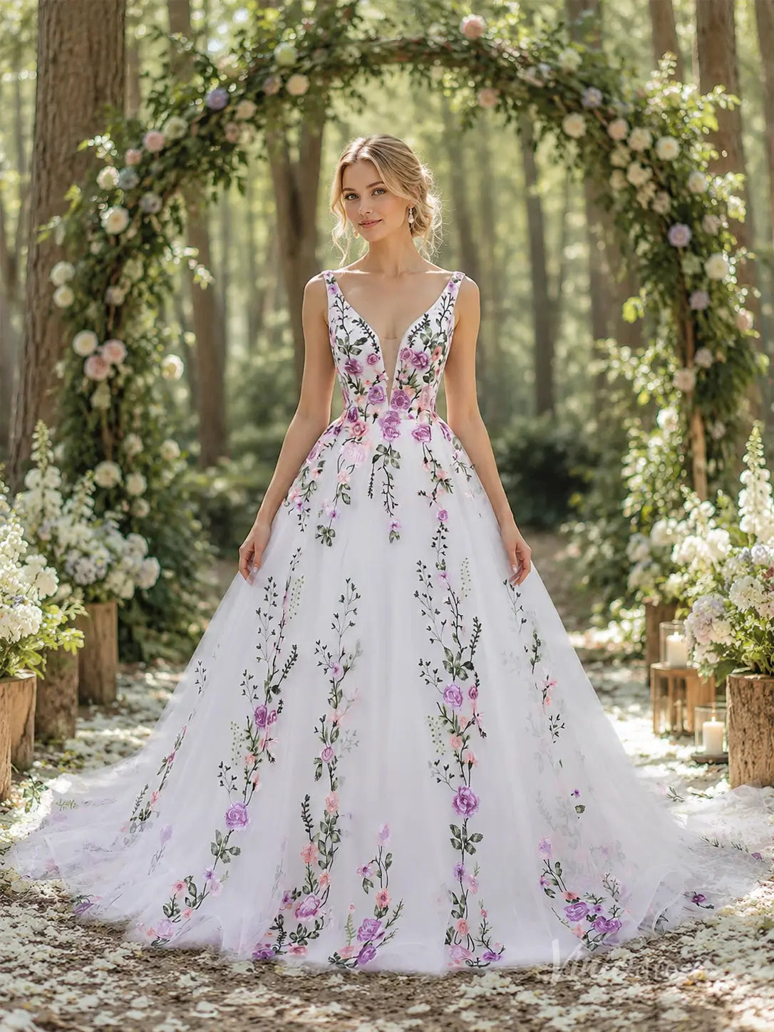Ethereal Ivory Floral Bridal Gown with Deep V Neck, Lace-Up Back & Chapel Train - FW289-wedding dresses 2026-Viniodress-Ivory-Custom Size – Add Measurements in Cart-