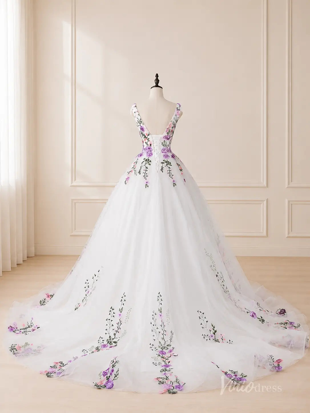 Ethereal Ivory Floral Bridal Gown with Deep V Neck, Lace-Up Back & Chapel Train - FW289-wedding dresses 2026-Viniodress-Ivory-Custom Size – Add Measurements in Cart-