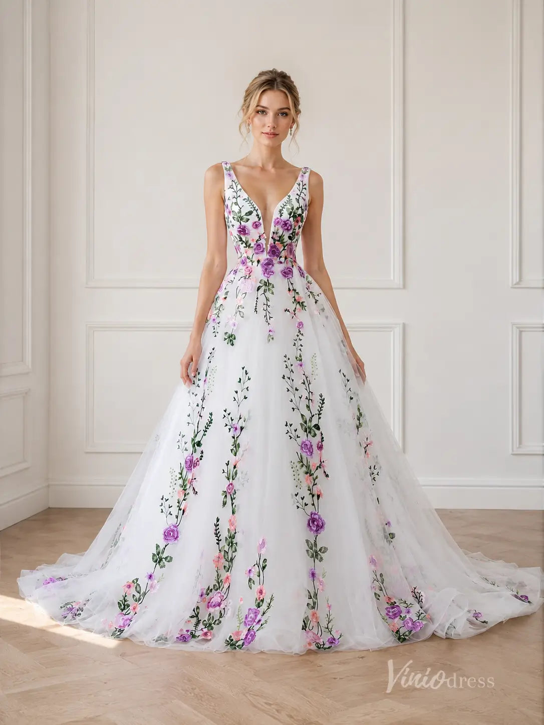 Ethereal Ivory Floral Bridal Gown with Deep V Neck, Lace-Up Back & Chapel Train - FW289-wedding dresses 2026-Viniodress-Ivory-Custom Size – Add Measurements in Cart-