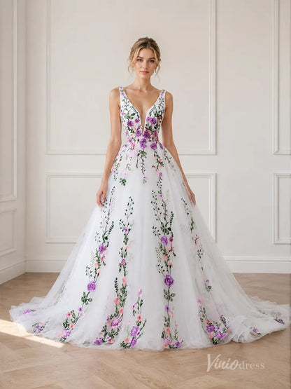Ethereal Ivory Floral Bridal Gown with Deep V Neck, Lace-Up Back & Chapel Train - FW289-wedding dresses 2026-Viniodress-Ivory-Custom Size – Add Measurements in Cart-