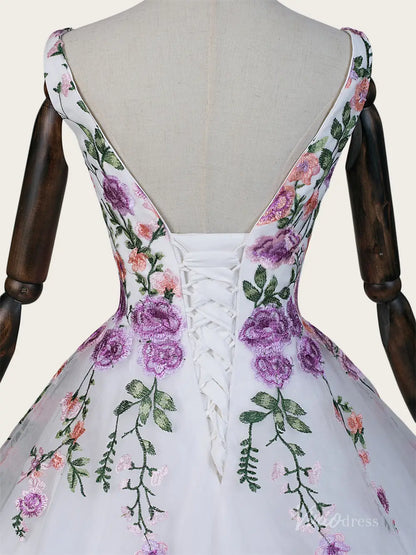 Ethereal Ivory Floral Bridal Gown with Deep V Neck, Lace-Up Back & Chapel Train - FW289-wedding dresses 2026-Viniodress-Ivory-Custom Size – Add Measurements in Cart-