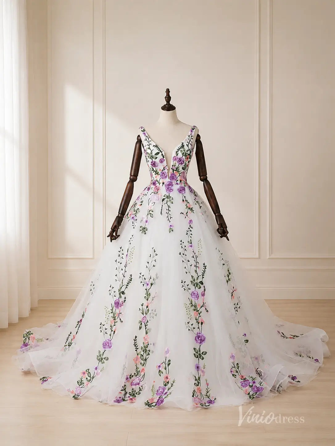 Ethereal Ivory Floral Bridal Gown with Deep V Neck, Lace-Up Back & Chapel Train - FW289-wedding dresses 2026-Viniodress-Ivory-Custom Size – Add Measurements in Cart-